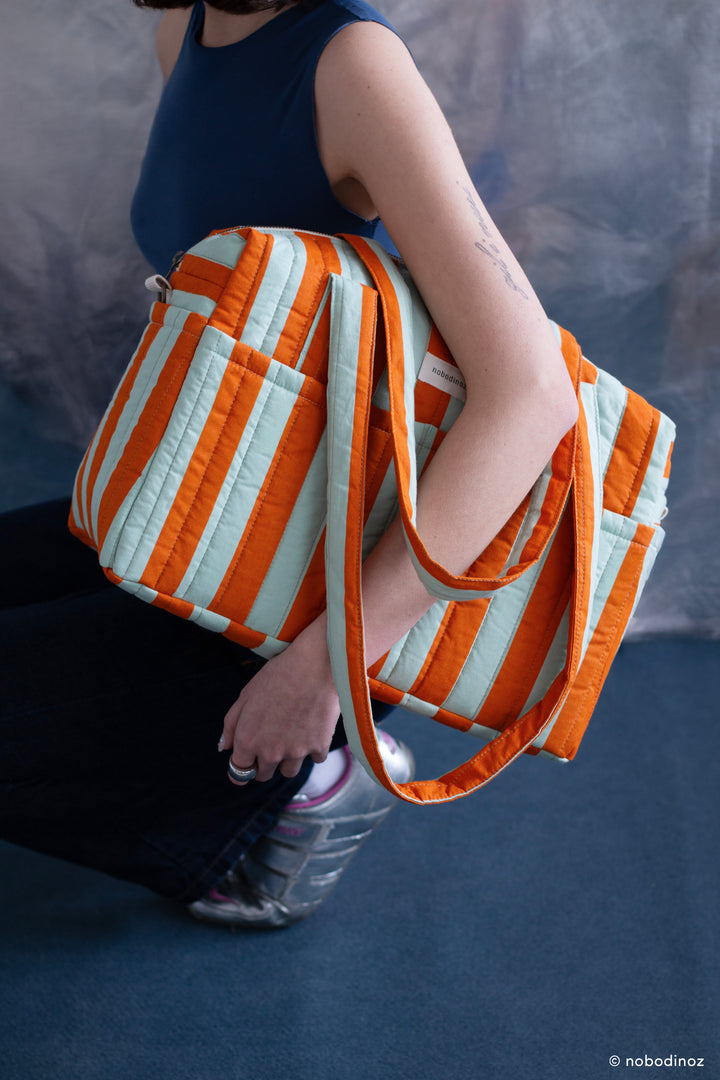 Nobodinoz - Stories Limited Edition Stroller Bag - Green Orange Stripes - Mabel & Fox