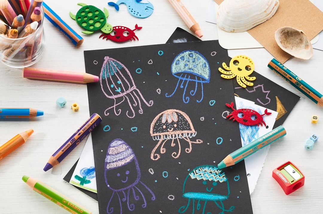 Stabilo - Woody 3-1 Crayons - 10 Colour Set With Sharpener - Assorted Colours - Mabel & Fox