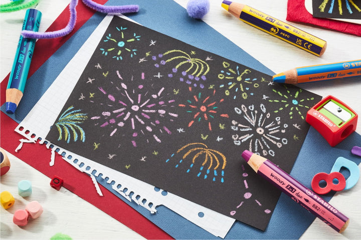 Stabilo - Woody 3-1 Duo Crayons - 6 Colour Set With Sharpener - Assorted Colours - Mabel & Fox