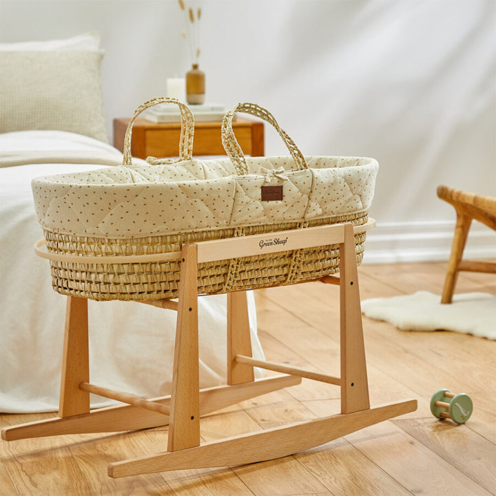 The Little Green Sheep - Moses Basket, Mattress & Rocking Stand - Quilted Linen Rice