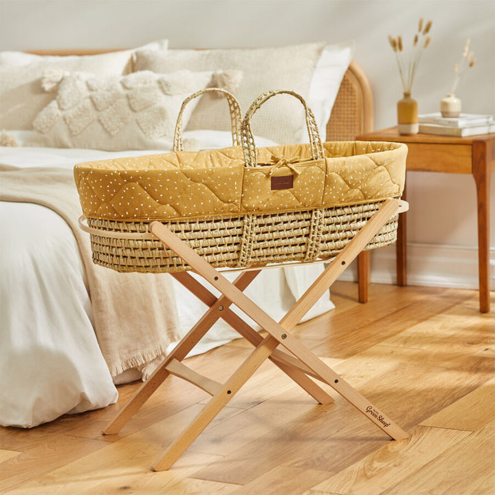 The Little Green Sheep - Moses Basket, Mattress & Stand - Quilted Honey Rice