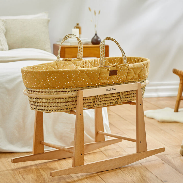 The Little Green Sheep - Moses Basket, Mattress & Rocking Stand - Quilted Honey Rice