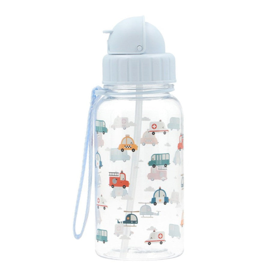 Clear water bottle with vehicle pattern and blue lid on a white background