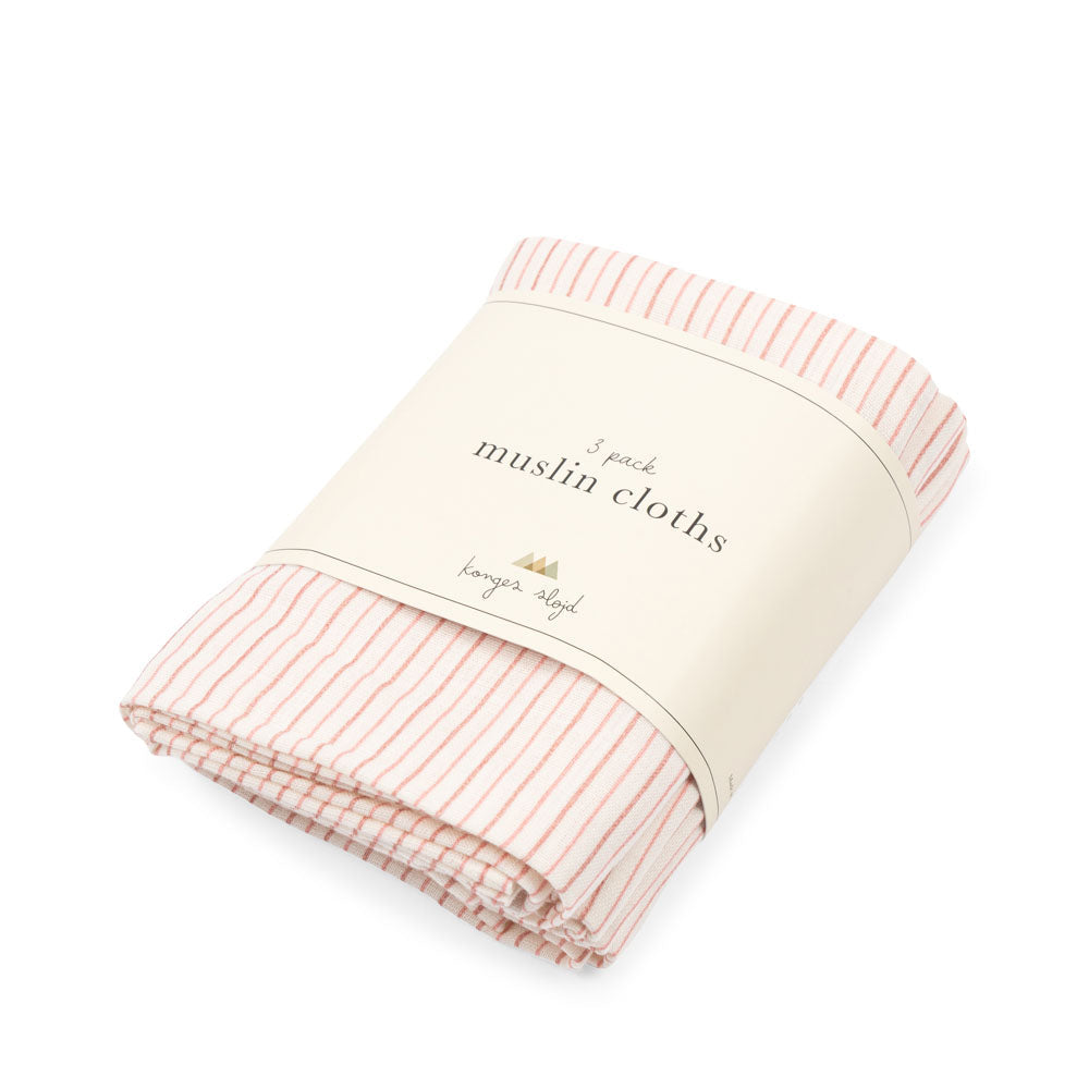 Konges Slojd - Muslin Cloths - GOTS - Stripie Petite Rose (3 Pack) - Mabel & Fox