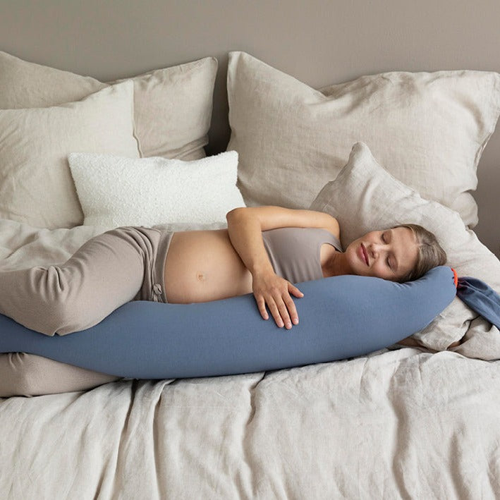 The bbhugme Pregnancy Pillow in Dusty Blue and Orange is perfect for side sleepers
