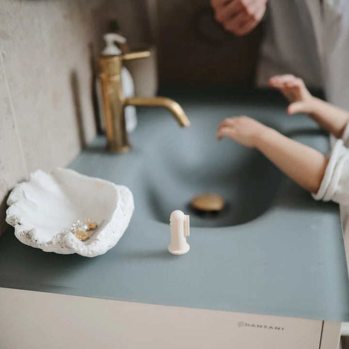 Mushie - Finger Toothbrush Blush/Shifting Sand - Mabel & Fox