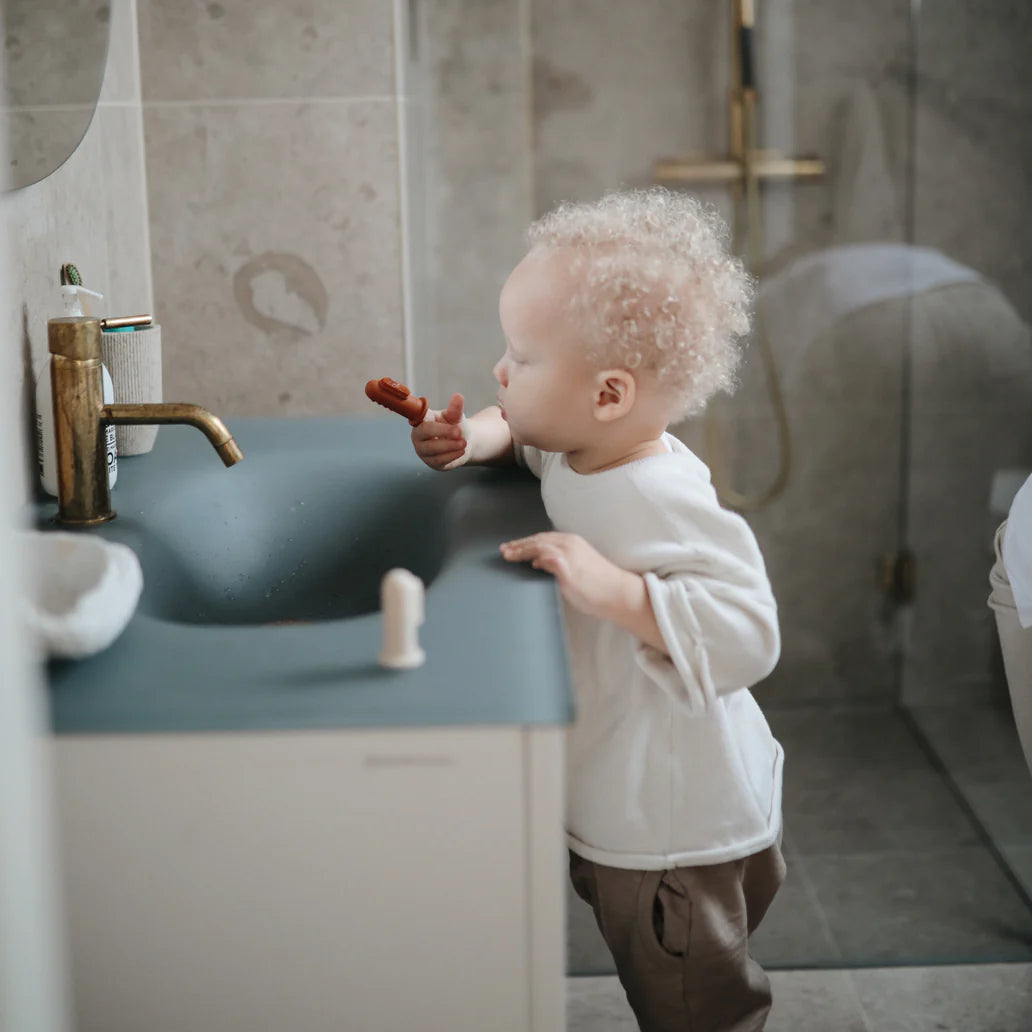 Mushie - Finger Toothbrush Stone/Tradewinds - Mabel & Fox