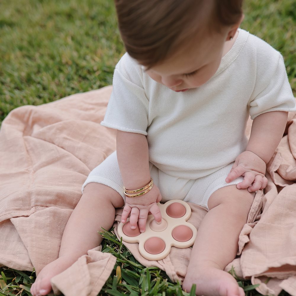 Mushie - Flower Press Toy - Rose/Blush/Shifting Sand - Mabel & Fox