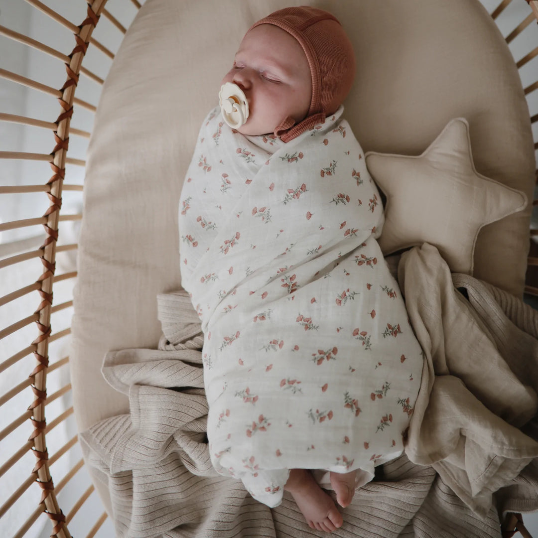 Mushie - Organic Swaddle - Pink Flowers - Mabel & Fox